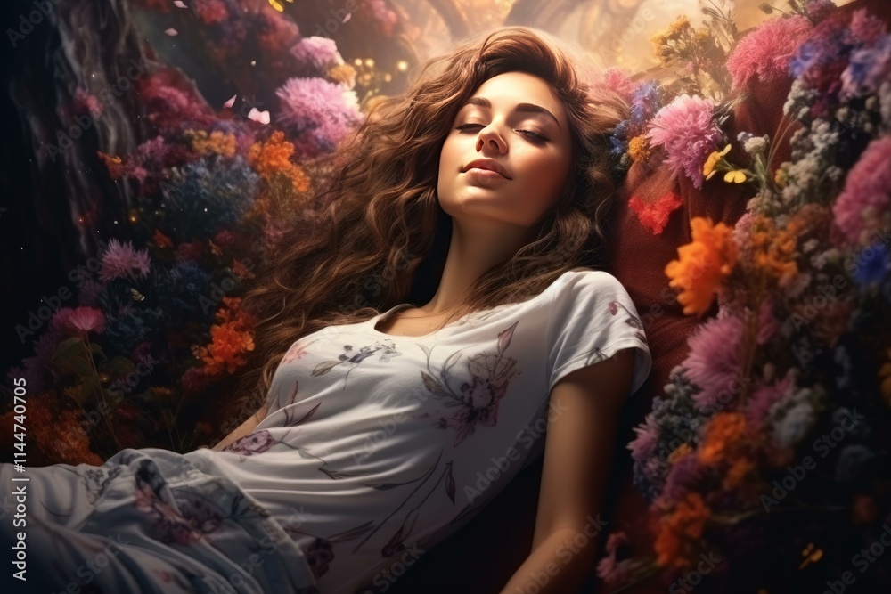 Serene woman sleeping peacefully amidst a vibrant array of colorful flowers and falling petals, creating a dreamy atmosphere Serene woman sleeping peacefully amidst a vibrant array of colorful flowers and falling petals, creating a dreamy atmosphere