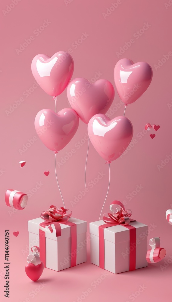 Charming valentine s day scene with heart balloons and gift boxes on a soft pink backdrop Charming valentine s day scene with heart balloons and gift boxes on a soft pink backdrop
