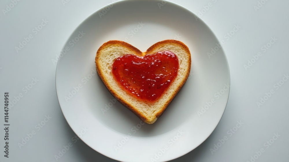 Overhead view of a slice of toast with heart-shaped strawberry jam, placed on a simple white plate