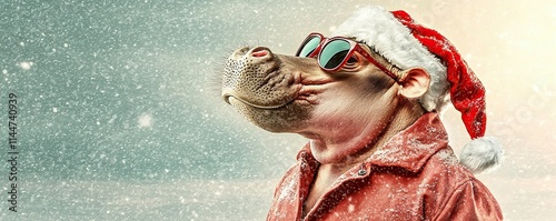 A festive hippo wearing sunglasses and a Santa hat, smiling in a snowy landscape, embodying a whimsical holiday spirit.