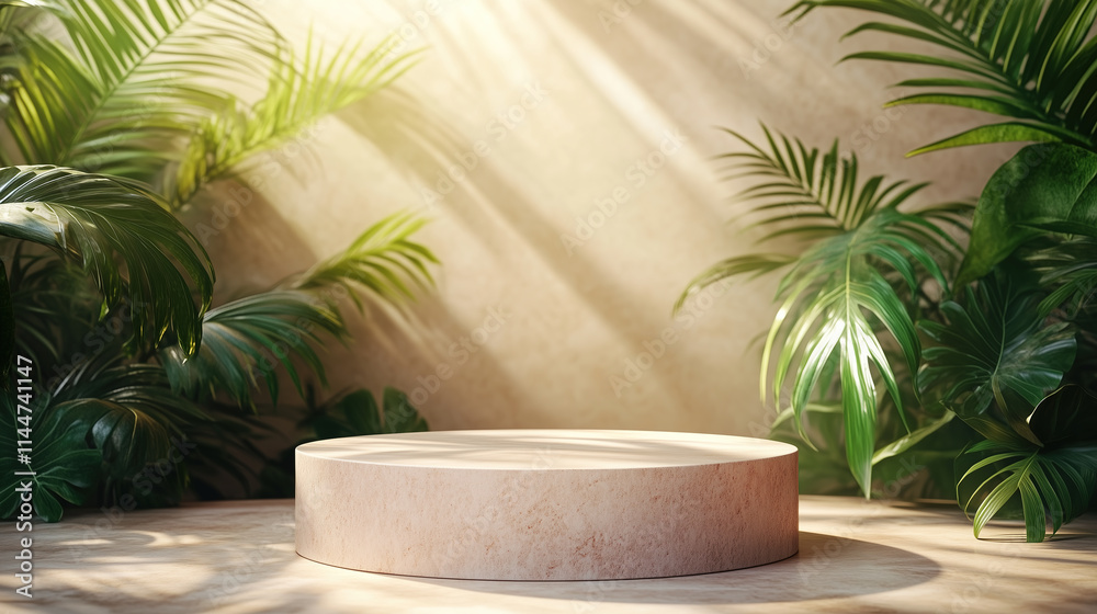 Fototapeta premium Natural light illuminating a circular platform surrounded by lush tropical plants in a serene indoor space