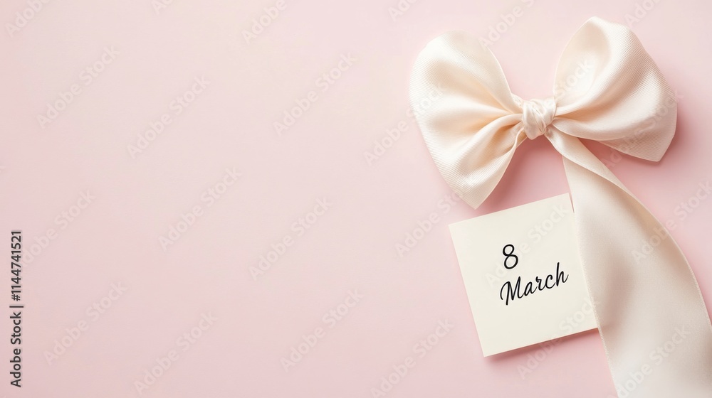A minimal flat lay of a silk ribbon tied into a bow and a A minimal flat lay of a silk ribbon tied into a bow and a
