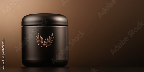 Elegant black matte jar with golden leaf design on gradient background photo