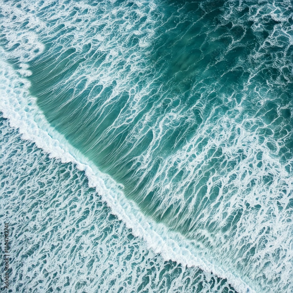 Fototapeta premium Overhead photo of crashing waves on the shoreline. Tropical beach surf. Abstract aerial ocean view High quality photo