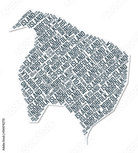 Norfolk Island shape text cloud. Country border with shadow on white background. Norfolk Island with regions division in vintage gazette style. Creative vector illustration.