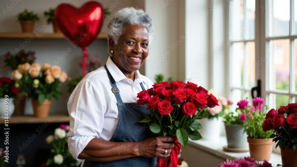 Portrait happy dark-skinned gray-haired elderly old woman florist in a biege apron holds a bouquet of flowers on the background of a flower shop with red heart-shaped balloons, Valentine's Day concept Portrait happy dark-skinned gray-haired elderly old woman florist in a biege apron holds a bouquet of flowers on the background of a flower shop with red heart-shaped balloons, Valentine's Day concept
