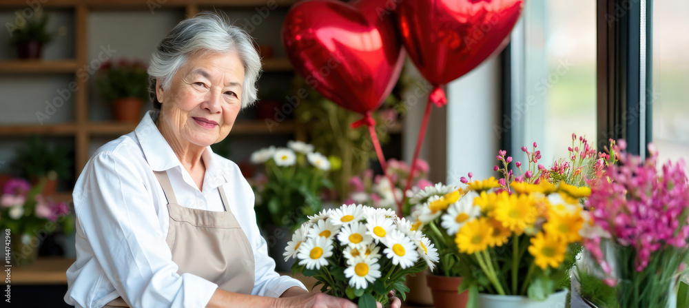 Fototapeta premium Portrait gray-haired elderly old Asian woman florist in a biege apron makes a bouquet of flowers on the background of a flower shop with red heart-shaped balloons, Valentine's Day concept