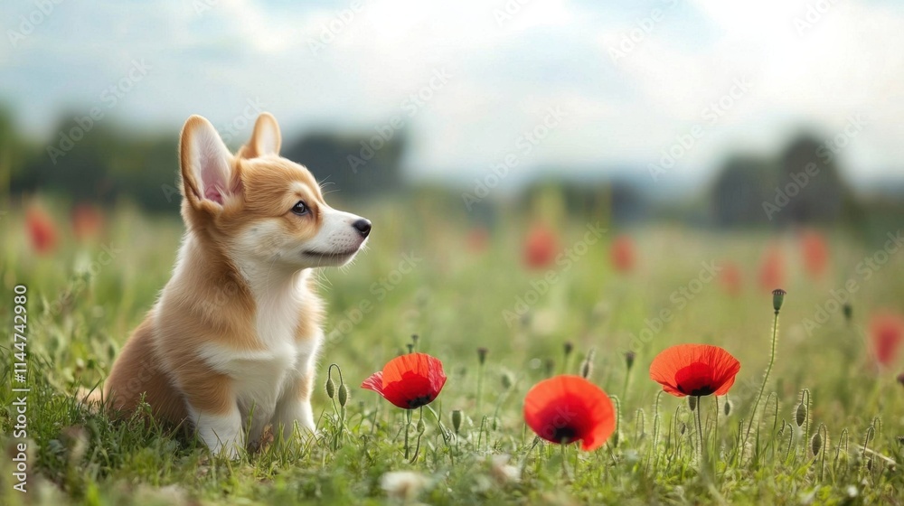 A small corgi puppy sitting beside a red poppy flower in a A small corgi puppy sitting beside a red poppy flower in a