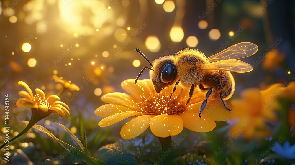 In an enchanted forest, a curious 3D cartoon bee examines a massive, brilliant blossom with glittering petals and twinkling lights. In an enchanted forest, a curious 3D cartoon bee examines a massive, brilliant blossom with glittering petals and twinkling lights.