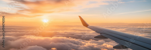 A breathtaking image of an airplane wing cutting through clouds as the golden hues of sunset paint the sky, capturing the magic and serenity of high-altitude travel.