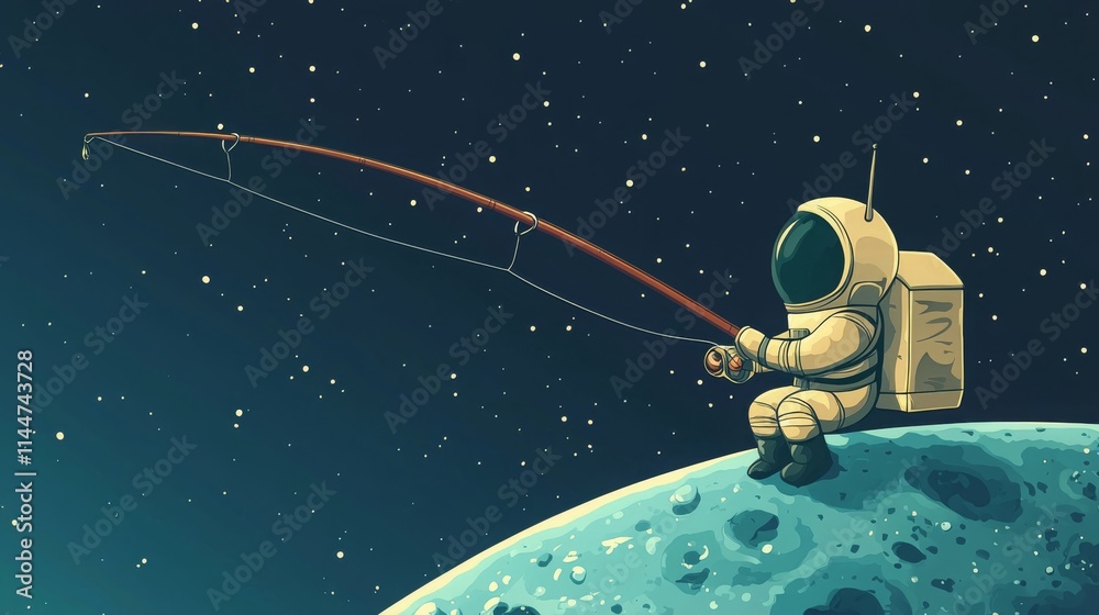 Naklejka premium Astronaut Fishing on a Colorful Celestial Body