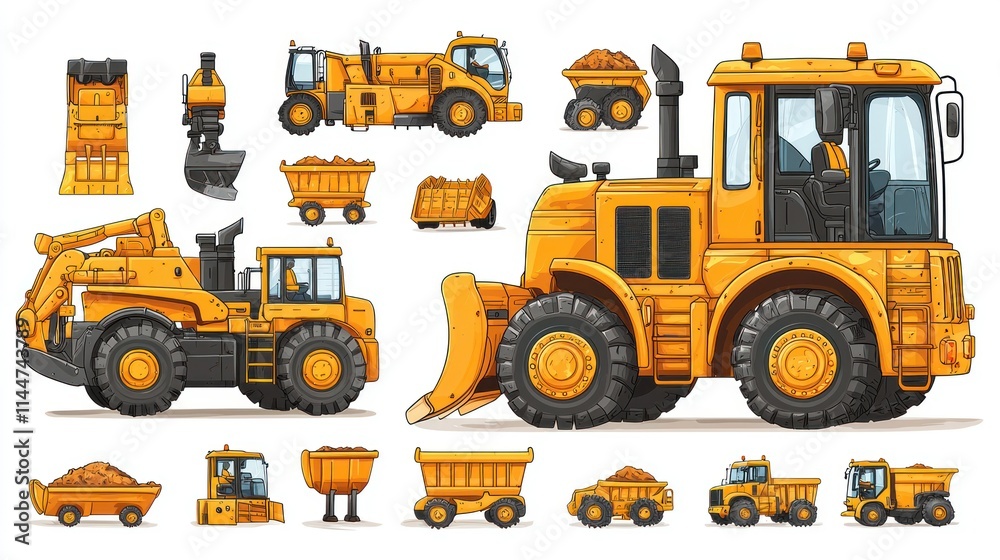 Collection of construction vehicles and equipment. Collection of construction vehicles and equipment.
