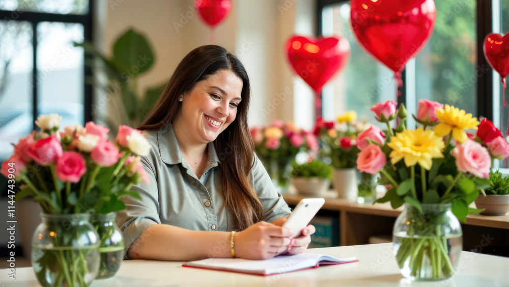 Portrait happy woman sitting at the table, with a phone in her hand and a notepad, in the blurred background there is a flower shop, concept Valentine's Day Portrait happy woman sitting at the table, with a phone in her hand and a notepad, in the blurred background there is a flower shop, concept Valentine's Day
