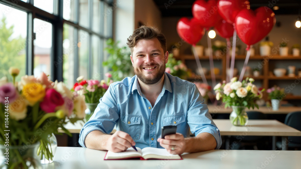 Portrait happy man sitting at the table, with a phone in his hand and a notepad, in the blurred background there is a flower shop, concept Valentine's Day Portrait happy man sitting at the table, with a phone in his hand and a notepad, in the blurred background there is a flower shop, concept Valentine's Day