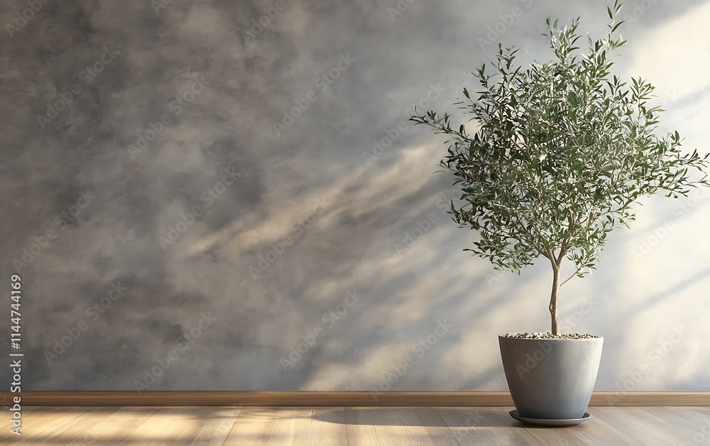 Modern, minimalist living room interior with a concrete wall, wooden floor, and an olive tree plant on the shelf Modern, minimalist living room interior with a concrete wall, wooden floor, and an olive tree plant on the shelf