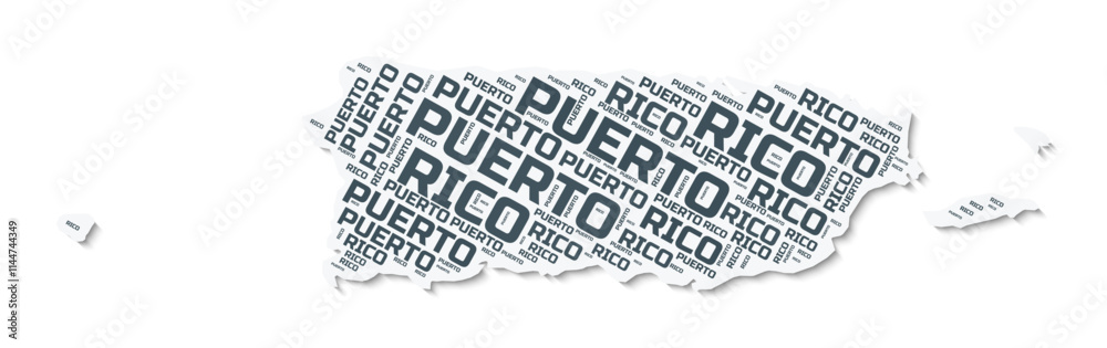 Puerto Rico shape text cloud. Country border with shadow on white background. Puerto Rico with regions division in vintage gazette style. Classy vector illustration. Puerto Rico shape text cloud. Country border with shadow on white background. Puerto Rico with regions division in vintage gazette style. Classy vector illustration.