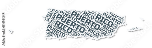 Puerto Rico shape text cloud. Country border with shadow on white background. Puerto Rico with regions division in vintage gazette style. Classy vector illustration.