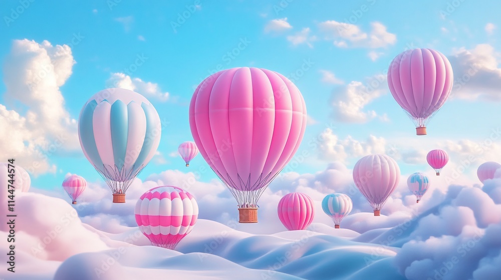 Pastel hot air balloons float above fluffy clouds in a dreamy sky. Pastel hot air balloons float above fluffy clouds in a dreamy sky.
