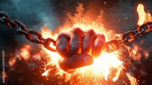 Burning fist shatters chains amidst fire and smoke, symbolizing strength, freedom, and rebellion. Ideal for revolution or power themes.. AI Generation
