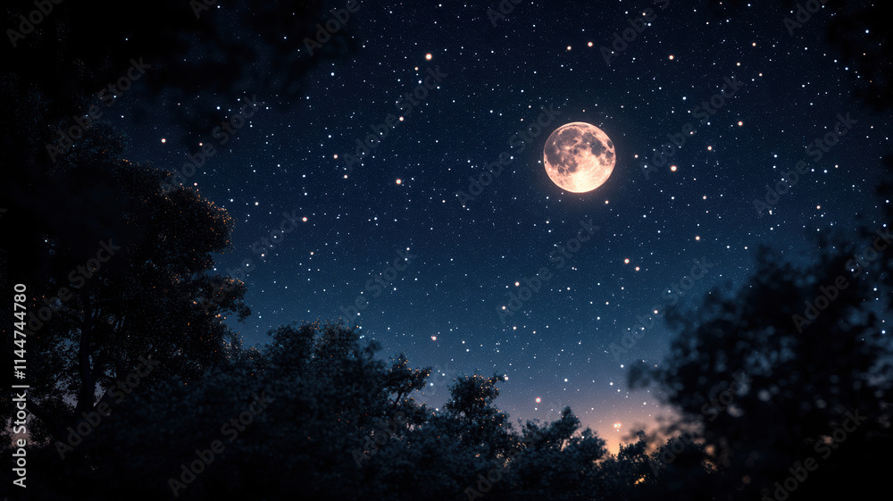 Bright full moon in clear night sky filled with stars, creating serene and beautiful atmosphere. moonlight illuminates surrounding trees, enhancing tranquil scene Bright full moon in clear night sky filled with stars, creating serene and beautiful atmosphere. moonlight illuminates surrounding trees, enhancing tranquil scene
