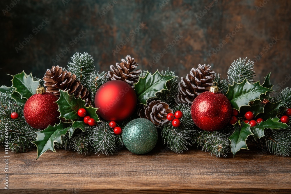 Christmas Decor with Red and Green Ornaments and Pinecones Christmas Decor with Red and Green Ornaments and Pinecones