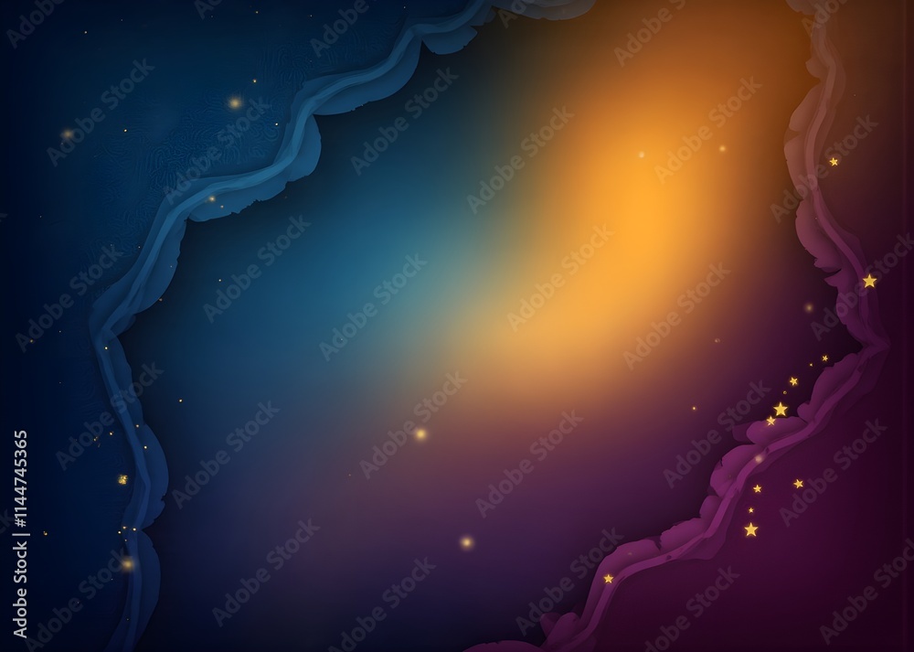 Fototapeta premium Islamic-themed background for a Ramadan Kareem card design featuring a crescent moon and star against a sunset sky. This vector horizon banner symbolizes Muslim religious celebrations such as Eid Muba