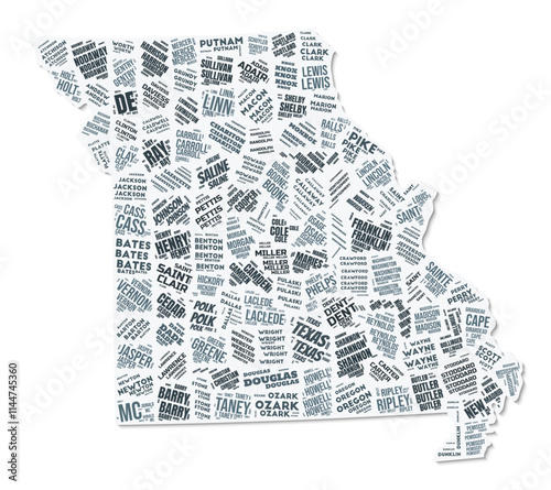 Missouri shape text cloud. State border with shadow on white background. Missouri with counties division in vintage gazette style. Creative vector illustration.