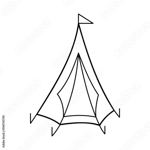 A tent with flag in black outline. Clip art for your projects.