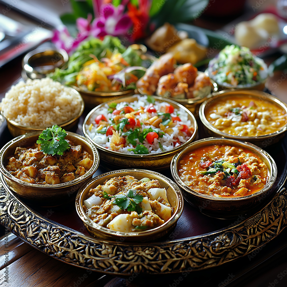 Exquisite Gourmet Meal Featuring Intricate Dishes Showcasing Cultural Diversity and Culinary Artistry on an Ornate Serving Tray Exquisite Gourmet Meal Featuring Intricate Dishes Showcasing Cultural Diversity and Culinary Artistry on an Ornate Serving Tray