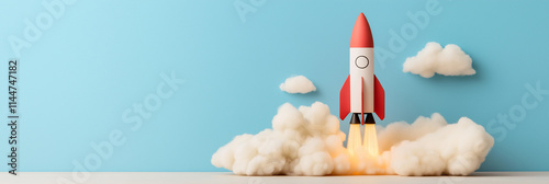 A brightly colored toy rocket takes off with billowing clouds around it, reflecting dreams, imagination, and the spirit of adventure in a playful whimsical style. photo