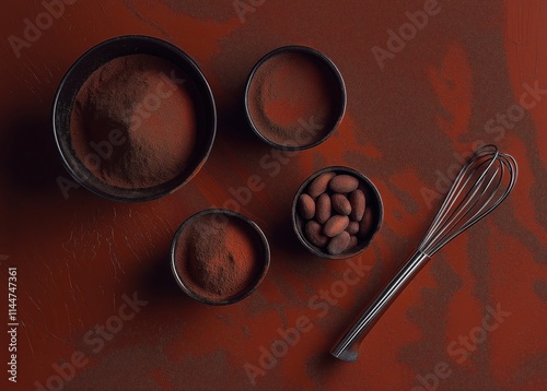 Coco beans and chocolate powder in bowls with chocolate powder dust background photo