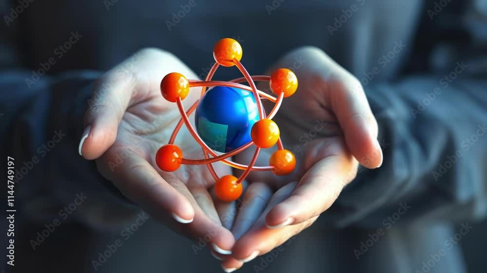 Hands holding a model of a proton neutron and electron trying to figure out how they fit together.