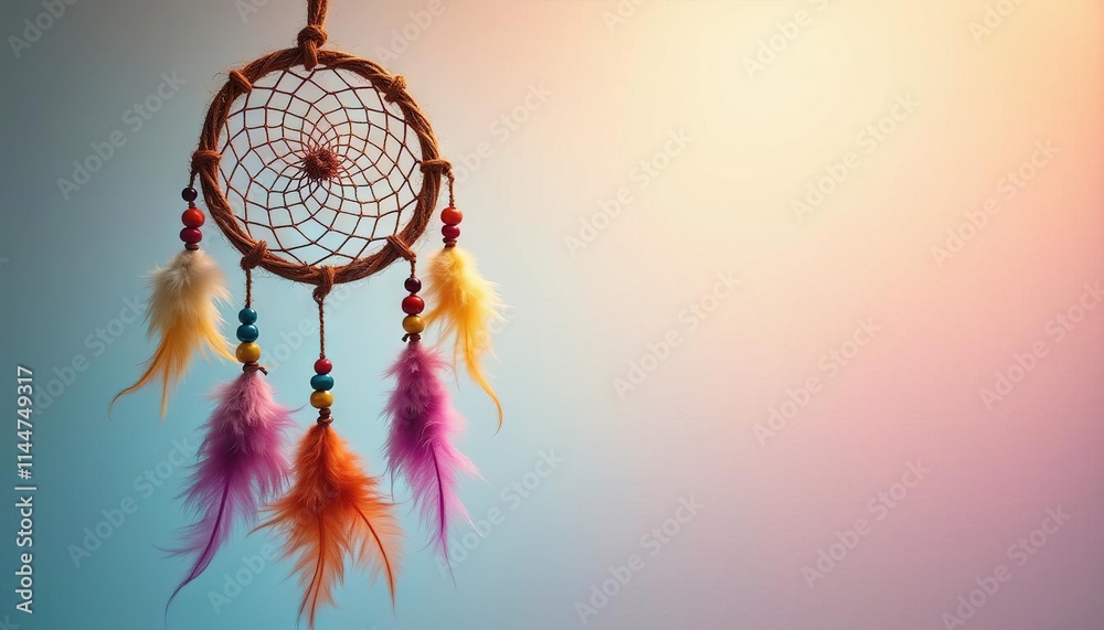 Obraz premium Dreamcatcher with colorful feathers and intricate web design for calm and mystical experience