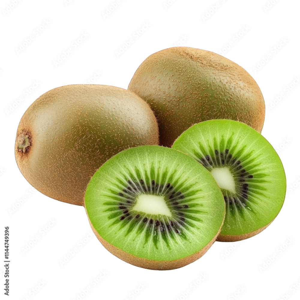 Two whole kiwifruit and two halves showcase vibrant green flesh, on transparent background , png Two whole kiwifruit and two halves showcase vibrant green flesh, on transparent background , png
