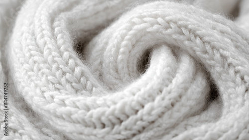 Soft white knitted fabric with intricate texture, perfect for cozy winter garments and accessories. gentle curves and loops create warm, inviting feel