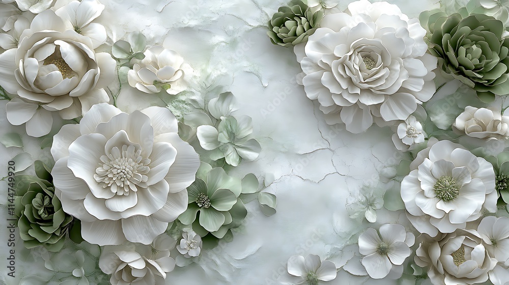 3D render of white and green paper flowers on a textured background. 3D render of white and green paper flowers on a textured background.
