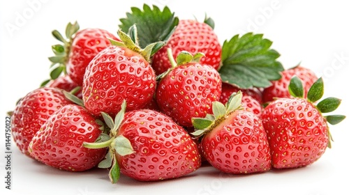 Pile of fresh, ripe strawberries with green leaves isolated on white background.