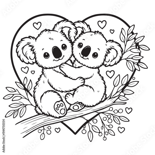 Cute Koala Couple on a Love Shape Vector Line Art Coloring Book Illustration photo