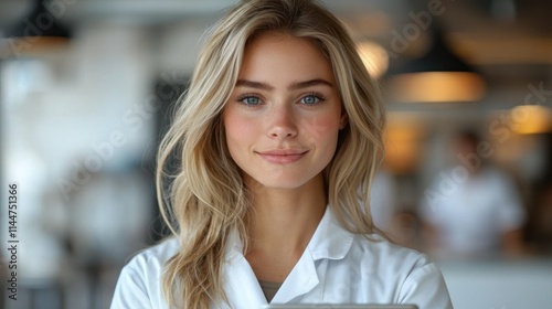 Wallpaper Mural Smiling woman in a lab coat holding a tablet. Torontodigital.ca