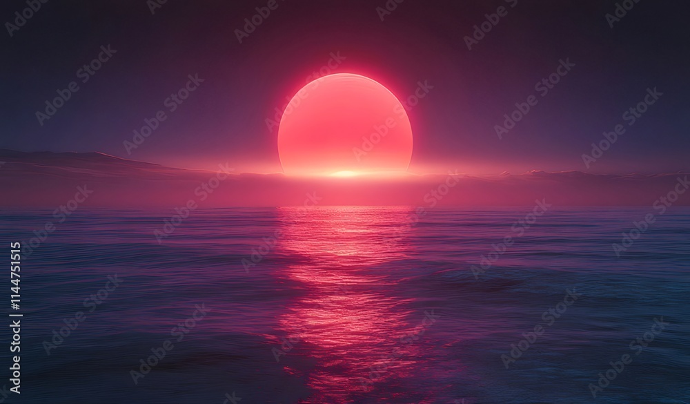 Vibrant red sun setting over calm ocean. Vibrant red sun setting over calm ocean.