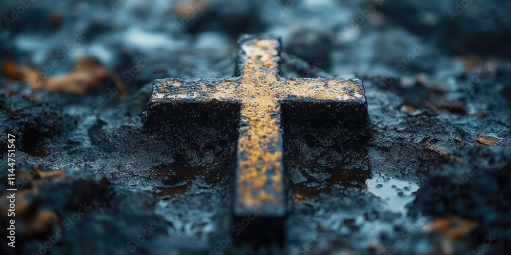 A weathered cross lays embedded in muddy terrain, symbolizing themes of faith and endurance amidst the harshness of a challenging environment. A weathered cross lays embedded in muddy terrain, symbolizing themes of faith and endurance amidst the harshness of a challenging environment.