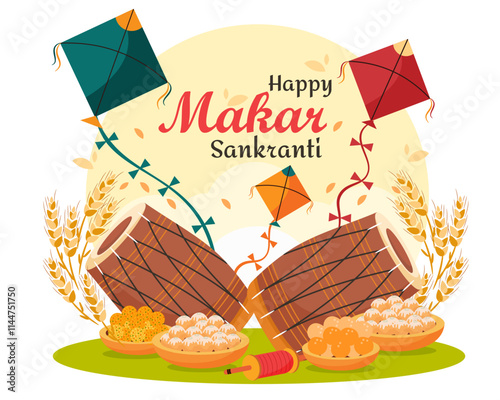 Indian festival of makar sankranti celebration with decorated drum and kites sweets vector design photo