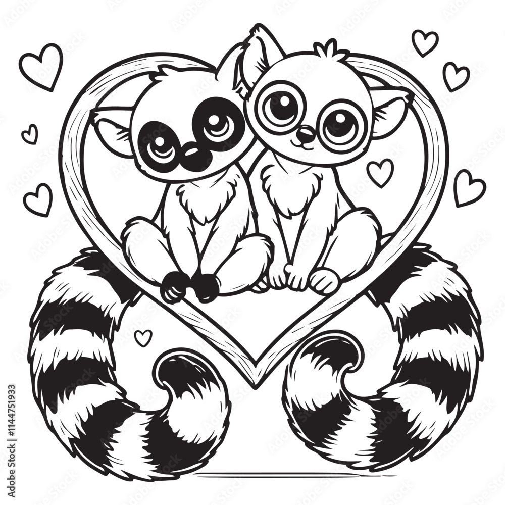 Cute Lemur Couple on a Love Shape Vector Line Art Coloring Book Illustration Cute Lemur Couple on a Love Shape Vector Line Art Coloring Book Illustration