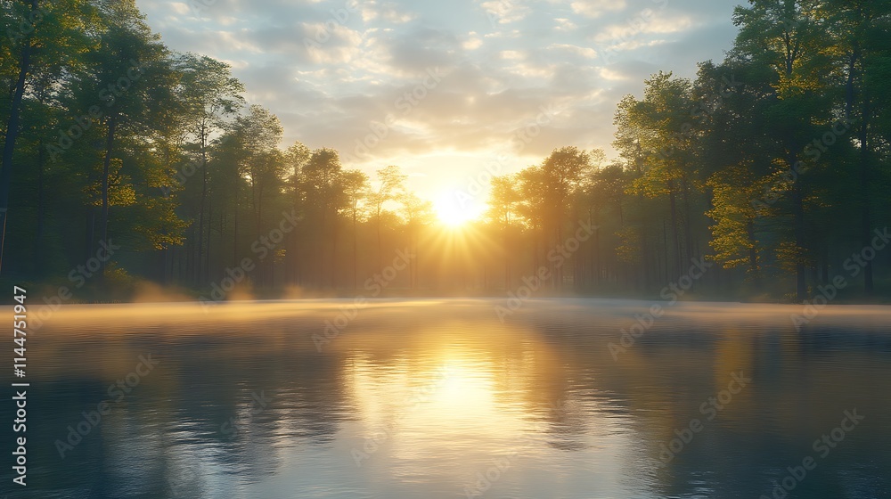 Fototapeta premium Serene Sunset Over Misty Forest Lake