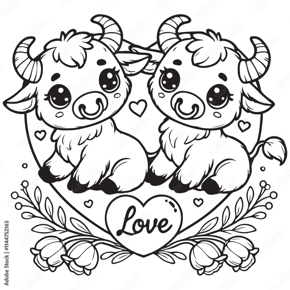 Cute Buffalo Couple on a Love Shape Vector Line Art Coloring Book Illustration Cute Buffalo Couple on a Love Shape Vector Line Art Coloring Book Illustration