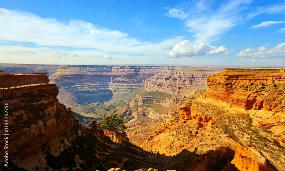 A stunning view of a canyon with layered rock formations under a blue sky. A stunning view of a canyon with layered rock formations under a blue sky.