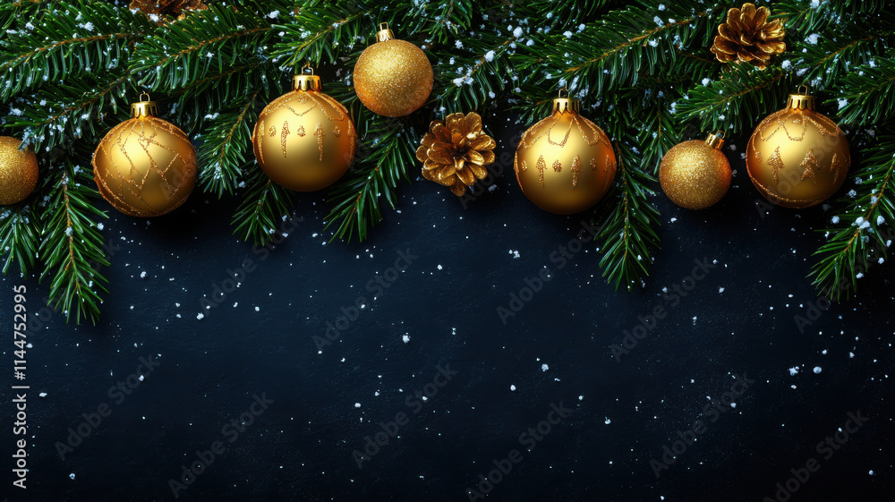 Naklejka premium Golden Christmas ornaments and pine branches create festive atmosphere, adorned with snowflakes for joyful holiday spirit. Perfect for seasonal decorations and celebrations