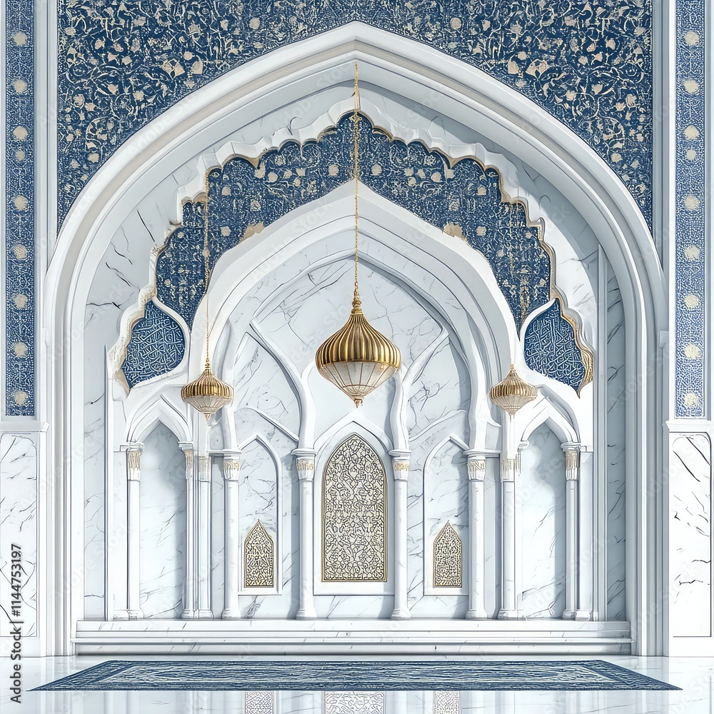 The background inside the mosque is blue and white and decorated with Islamic ornaments along with hanging lanterns The background inside the mosque is blue and white and decorated with Islamic ornaments along with hanging lanterns