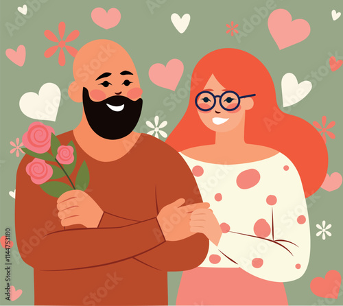 Dibujo San Valentín, pareja diversa, hombre calvo con  ramo de rosas  y mujer con lentes