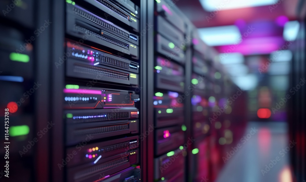 A dimly lit server room filled with network storage devices. A dimly lit server room filled with network storage devices.